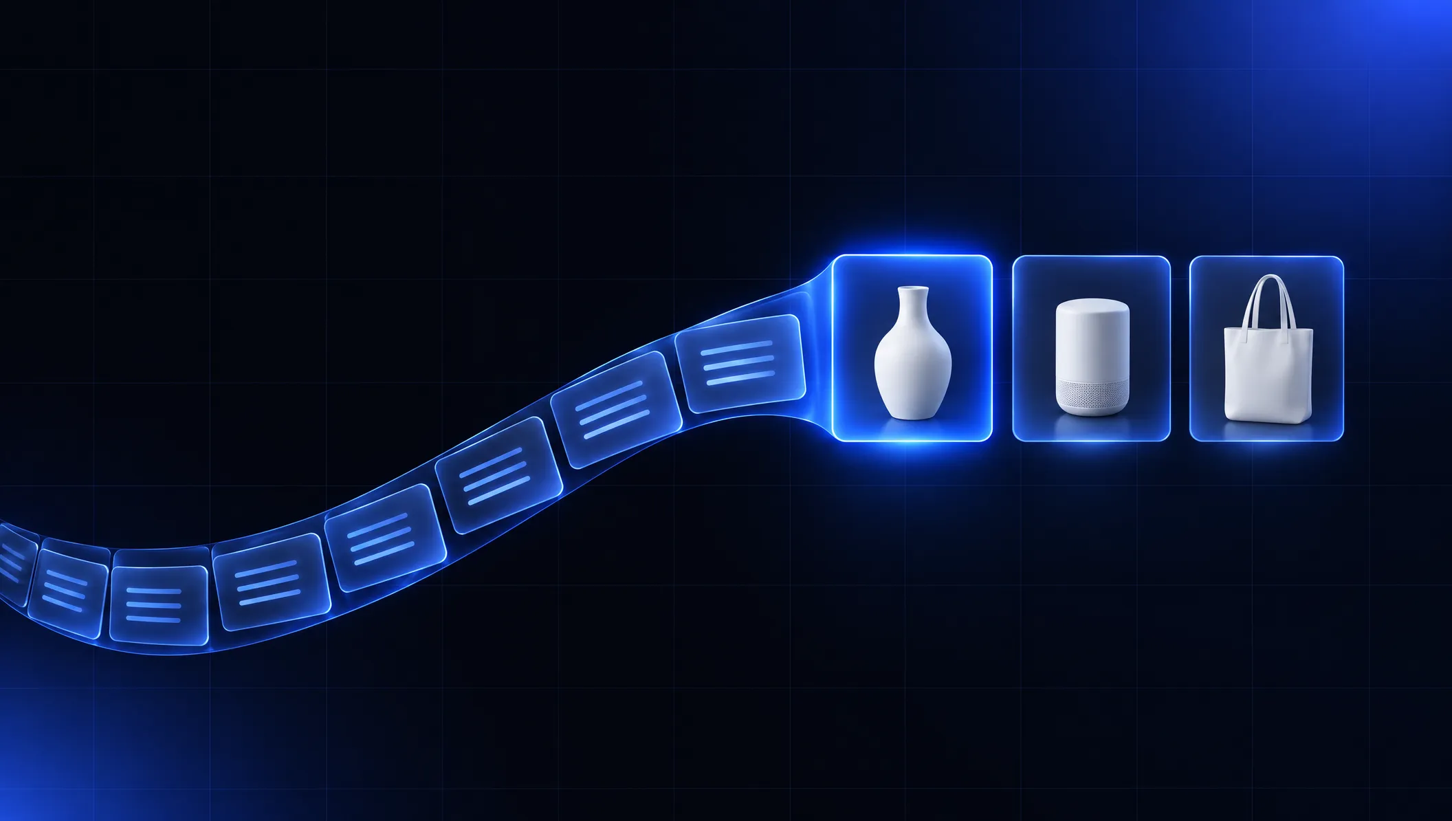Un ruban de fiches lumineuses, chargées de lignes de données, alimente trois produits posés sur des plaques de verre bleues : un vase, une enceinte et un sac.